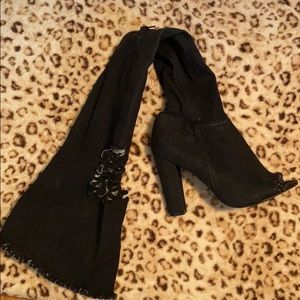 Black Knee High “Jean Material” Open Toe Boots